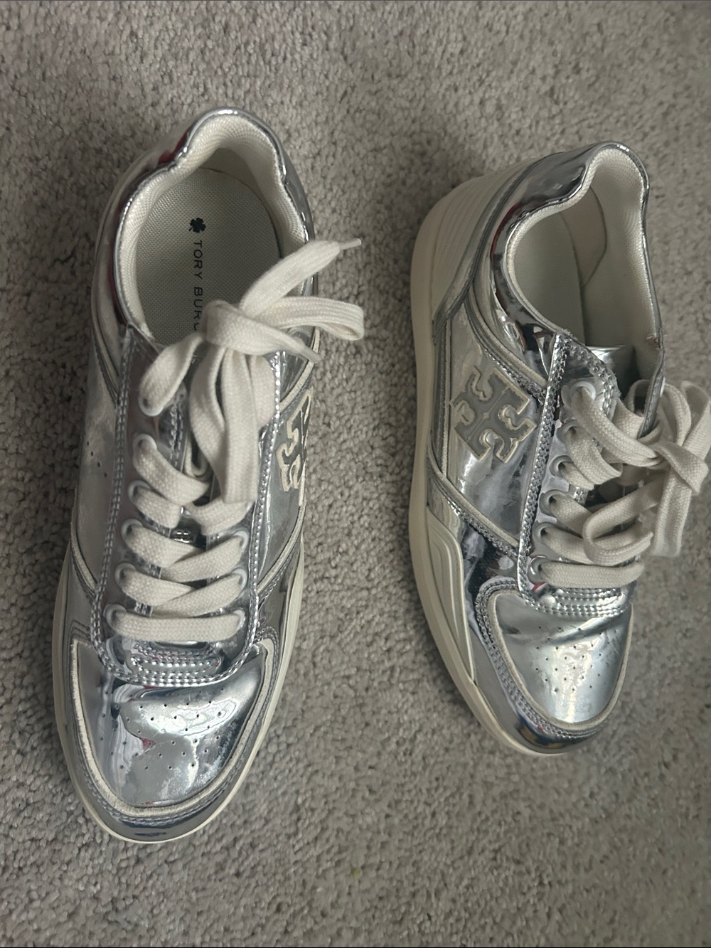 Tory Burch Women's Metallic Silver Lace-Up Sneakers 7.5